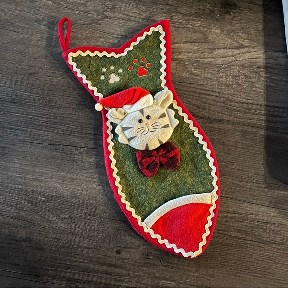 Cat Christmas Stocking Fish Shaped Felt Pet Kitty In Santa Hat & Bowtie 17.5" - Picture 1 of 7